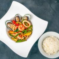 Seafood Madness · Hot & spicy. A variety of seafood stir-fried in a hot chili sauce, onion, carrot, baby corn,...