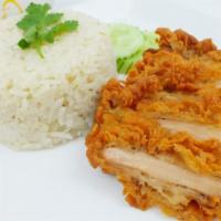 Fried Chicken Rice · Fried Chicken : Served w/ Garlic & Ginger oily rice, cucumber, cilantro, soup, sweet chili s...