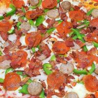 Italian Bomb Pizza - Large · Mushrooms, onions, peppers, roasted garlic, pepperoni, italian sausage, bacon, mozzarella, &...