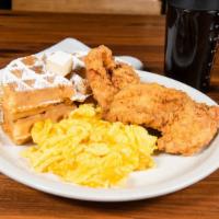 Chix & Waffle · Scrambled Egg With Cheese, Belgian Waffle, Tender Fried Chicken Breast.