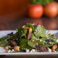 Fig & Blue Salad · Baby spinach, dried figs, crumbled blue cheese, cashews & port wine dressing.