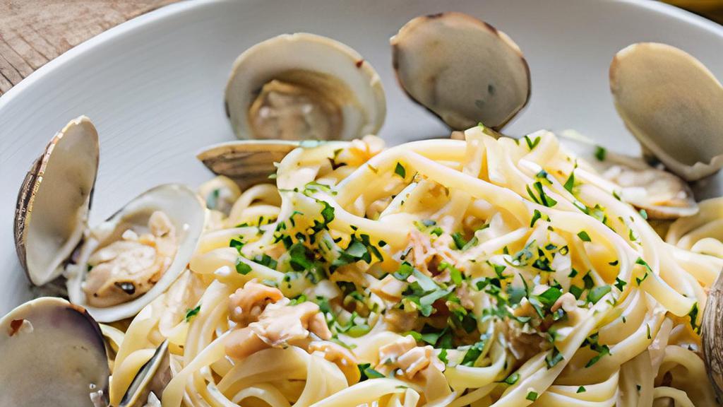 Linguine Alle Vongole · Fresh littleneck clams in garlic, olive oil & white wine sauce.