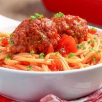 Spaghetti And Meatballs · Spaghetti with two meatballs in tomato sauce.