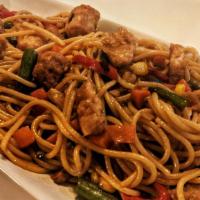 Tossed Noodles With Chik'N Bites · Gluten Free Noodles Mixed With Vegetables . Then Topped With, Sesame Oil, Oyster Sauce, and ...