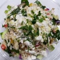 Med Orzo Salad · Orzo pasta, bell peppers, cucumbers, red onions, green olives, Kalamata olives, baby spinach...