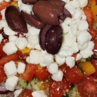 Greek Salad · Romaine lettuce, grape tomatoes, cucumbers, bell peppers, red onions, oregano, vinegar, lemo...