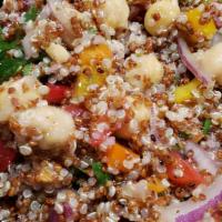 Med Quinoa Salad · Red & white quinoa, garbanzo beans, red onions, dried basil, dried thyme, parsley, garlic, b...