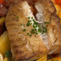 Pan Seared Cod · fingerling potatoes & chorizo stew, leeks, paprika oil