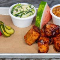 Pork Belly Burnt Ends Plate · Smokey sweet and melt in your mouth pork bellies with your choice of two sides.