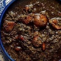 خورشت قورمه سبزی / Ghormeh Sabzi Persian Herb Stew · Veal meat, herbs, red beans dried limes, basmati rice.