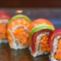 Pink Lady Roll · Spicy crunchy tuna topped with tuna, salmon and avocado.