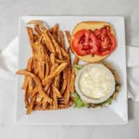 Handmade Turkey Spinach Burger · Delicious Turkey with made with fresh spinach, it come with our fresh cut seasoned fries.