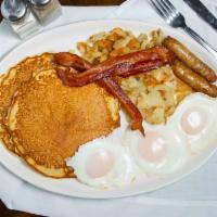 Big Hungry Man'S Special · Three eggs, two slices of bacon, two sausage links, two large pancakes, homefries, and toast.