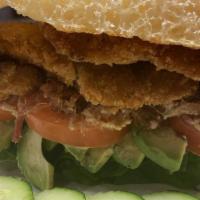 Chicken Chipotle · Fried chicken, bacon, avocado, lettuce, and tomato with chipotle mayo on housemade rosemary ...