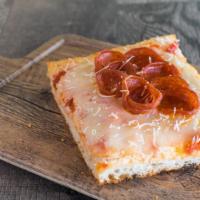 Pepperoni Pizza (Rize Crust) · Tomato sauce and cheese with pepperoni. 8 slices of Rize crust square thicker crust.