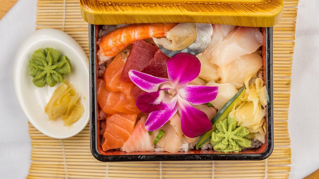 Chirashi · Chef's choice assorted 14 pieces sashimi on a bed of sushi rice. Consuming raw or undercooked meats, poultry, seafood, shellfish, or eggs may increase your risk of foodborne illness.
