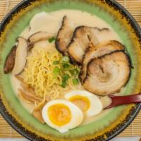 Tonkotsu Ramen · Pork broth, pork belly chashu, nitamago, bamboo shoot, black fungus, ginger, and scallion.