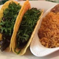 Steak Taco Plate · Served with rice and beans or salad, choice of hard shell tortilla on the outside with a sof...
