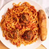 Spaghetti And Meatballs · Spicy handmade meatballs served with tomato basil sauce over pasta.