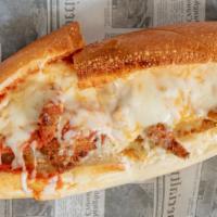 Chicken Parm · Breaded white meat chicken covered with tomato sauce, topped with mozzarella cheese.