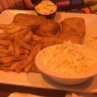 Pub Style Fish And Chips · (2) beer battered cod filets, served with fries, coleslaw and tartar sauce.