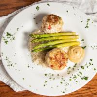 Maxs Crab Cakes · Pan seared with jumbo lump crab meat, asparagus, jasmine rice, and chipotle mayo.