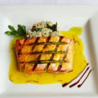 *Salmon & Risotto · Alaskan salmon, lemon-saffron sauce, 
porcini-spinach risotto