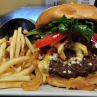 Big Bleu Burger · Cajun encrusted 8oz chuck, bacon jam, bleu cheese, LTO, toasted brioche