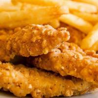 Fingers & Fries · Fried chicken tenders served with house cut fries and honey mustard sauce or bbq sauce.