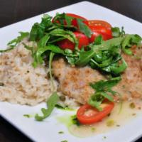 Chicken Milanaise · Breaded chicken cutlets, arugula & bruschetta, parm cheese, lemon caper reduction
