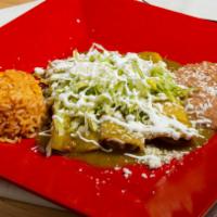 Enchiladas Verdes · Choice of steak, chicken or cheese topped with green chile sauce, lettuce, sour cream, queso...