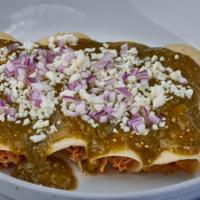 Enchiladas Verdes · Four soft, delicious chicken enchiladas, covered with green sauce, topped with queso fresco,...
