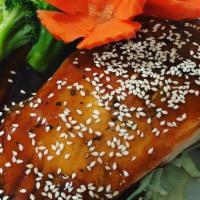 Salmon Teriyaki · Grilled salmon served on the steam mixed vegetables topped with special homemade teriyaki sa...