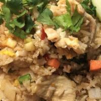 Hot Basil Fried Rice · Medium spicy. Egg, green and red peppers, onions, carrots, crushed chili, and basil, string ...