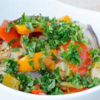 Roasted Vegetable Salad · Roasted eggplants tri-colored peppers and onions
