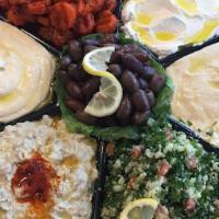 Large Mezza Tray · a 16 inch mezza tray (appetizers) loaded with hummus, baba ganush, carrot salad, grape leave...