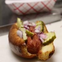 Fancy Hotdog · 1/4lb All Beef Hotdog • Pickles • Onion • Cheese • Toasted Brioche Bun
