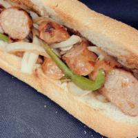 Biancos Italian Sausage Sub · Grilled Bianco sausage topped with sautéed onions and green peppers.