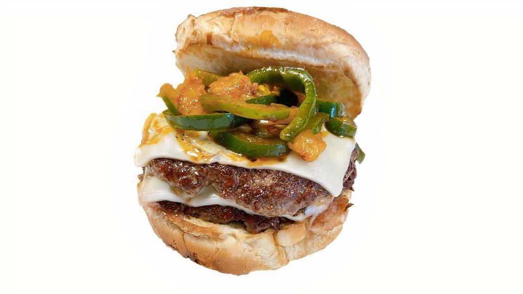Buddy'S Burger · Double cheese patty, sautéed jalapenos, poblanos, banana peppers & Frank's hot sauce. All burgers cooked well done & juicy.