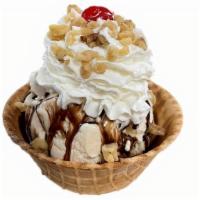 Traditional Waffle Bowl Sundae · 1 scoop of your favorite ice cream topped with hot fudge, whipped cream, walnuts, cherry all...
