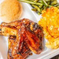 4 Pcs Bbq Chicken Platter · Served with a thigh, wing and 2 legs. Plus your choice of two sides.