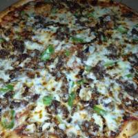 Texana Pizza · Fresh steak topped with green peppers, onion, and mushroom.