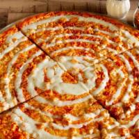 Buffalo Chicken Pizza · White pizza. Made with fresh grilled chicken tossed in buffalo sauce and drizzled with ranch...