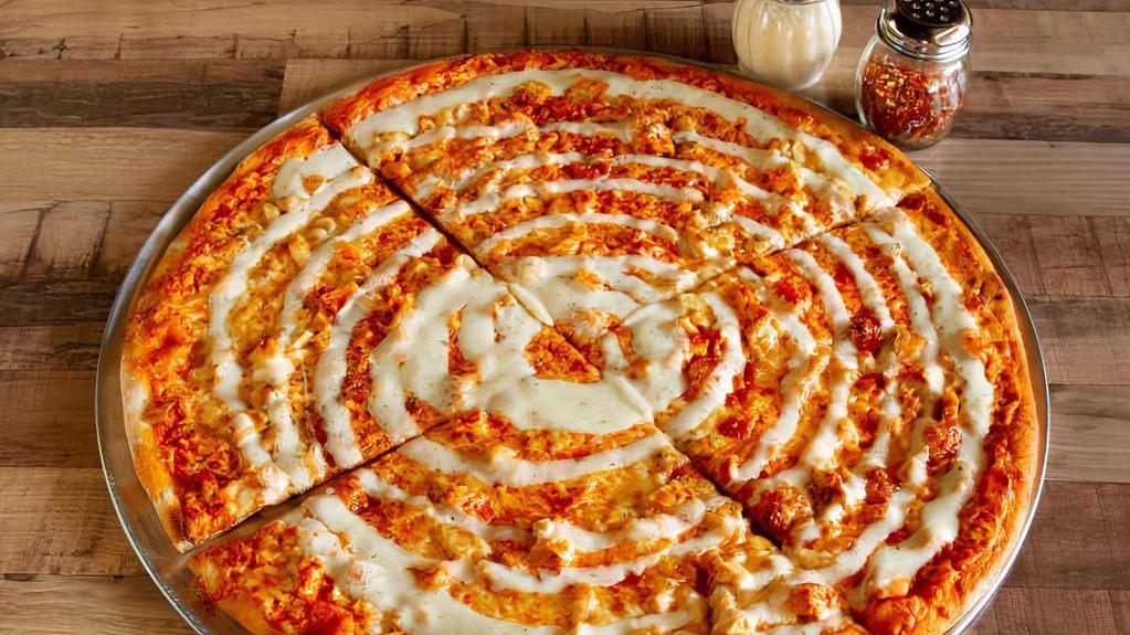 Buffalo Chicken Pizza · White pizza. Made with fresh grilled chicken tossed in buffalo sauce and drizzled with ranch dressing.