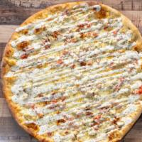 Chicken Bacon Ranch · White pizza. Comes with fresh grilled chicken, bacon, diced tomatoes and drizzled with ranch...