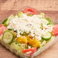 Greek Salad · Iceberg Lettuce, fresh tomato, cucumber, green peppers, banana peppers, kalamata olives, and...