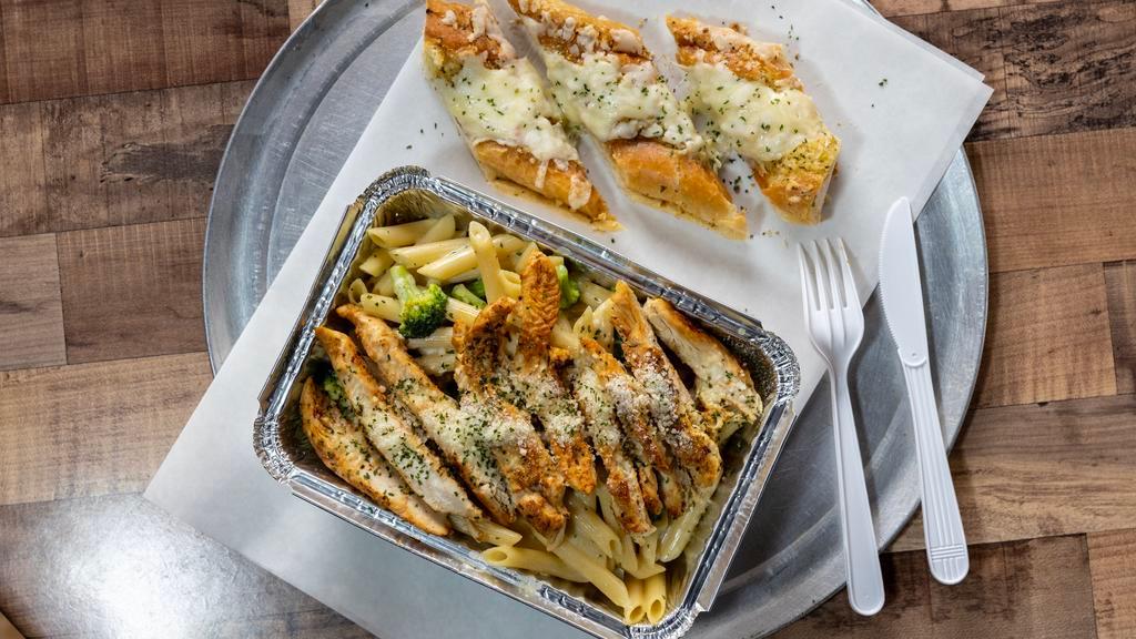 Chicken Broccoli Alfredo · Penne pasta. Served with our homemade alfredo sauce, fresh grilled chicken, broccoli, melted cheese and garlic bread.