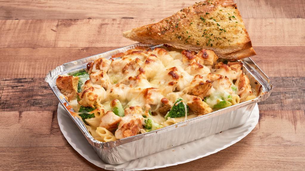 Pasta With Alfredo Sauce · Penne pasta. Served with our homemade alfredo sauce, melted cheese, and garlic bread.