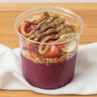 Pink Lady Bowl · A blend of pitaya, almond milk, and banana. Topped with granola, banana, strawberry, peanut ...