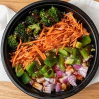 Sesame Bowl · *PICK A BASE & MAIN*. topped with green peppers, red onion, broccoli and shredded carrots  t...